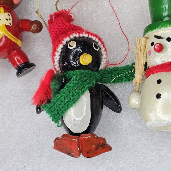 Vintage Handcrafted Wood Christmas Ornaments Set Of 5 Traditional Snowman Pengui - Picture 3 of 10